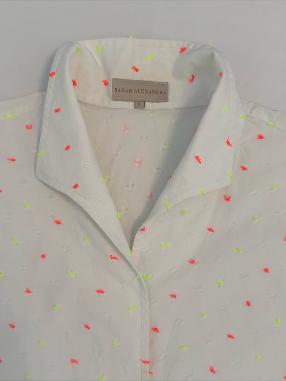 Sarah Alexandra White Button-Up Blouse with Neon Pink & Neon Yellow Dots. Sz S